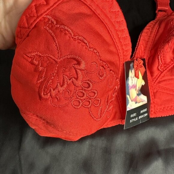 Red Bra 28C No Underwire Soft Comfortable Fit With Embroidered Floral Grapes - Picture 5 of 10
